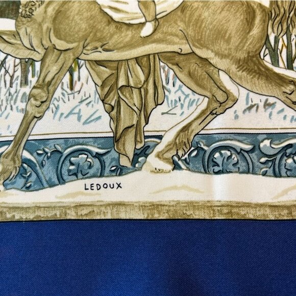 Vintage Hermes "L' Hiver" Silk Scarf with Blue Border Winter Snow - Picture 7 of 13